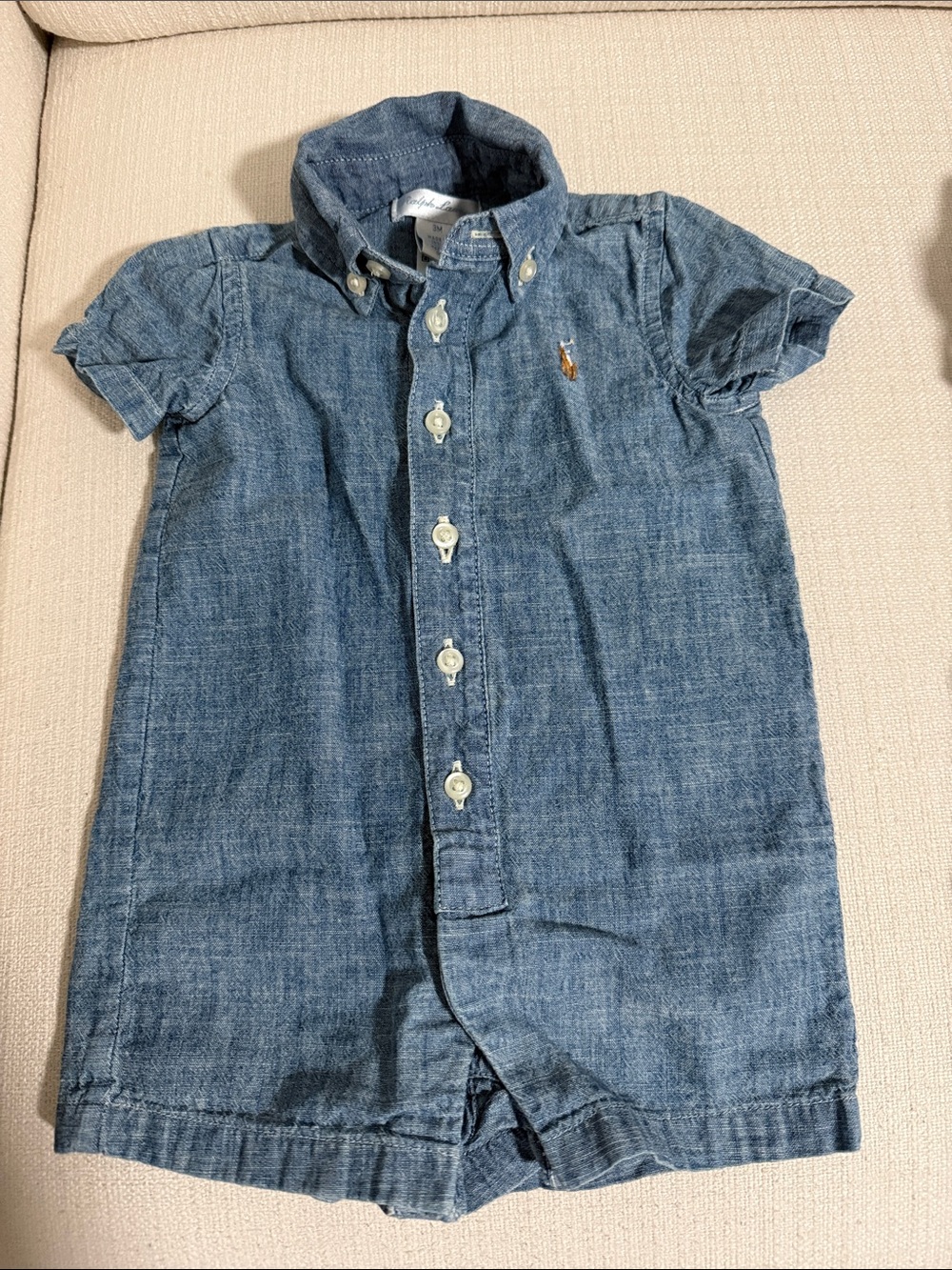 Ralph Lauren Kids Denim-Look Button-Down Romper in Blue